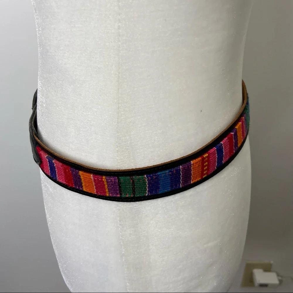 Multi-Color Rainbow Woven Waist Belt Faux Leather Buckle